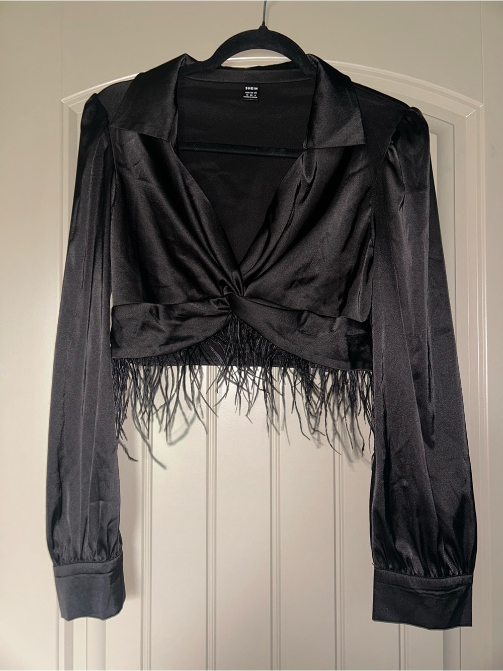 SHEIN Black Satin Twist-Front Crop Top with Feather Hem